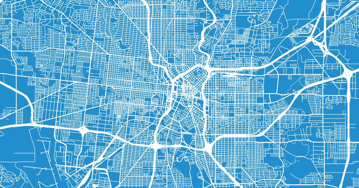 A blue-and-white vector map of San Antonio's city areas, making the major highways and dense neighborhoods visible.